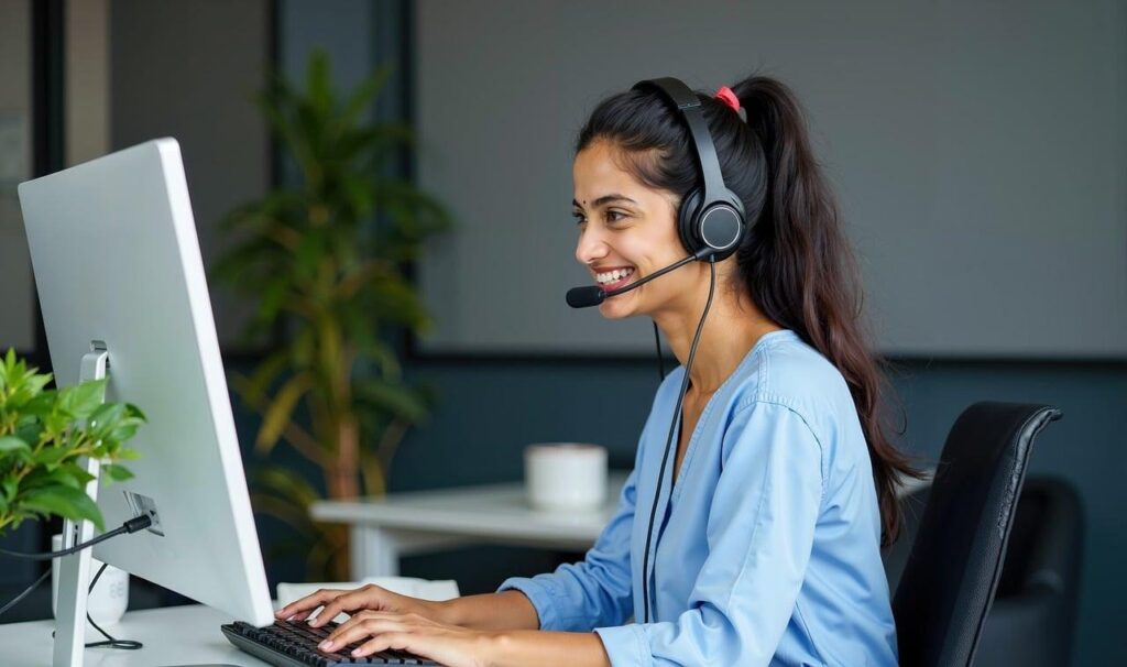 笑顔で働くコールセンターの女性