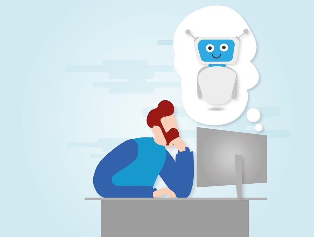 パソコンでチャットボットを操作する男性のイラスト