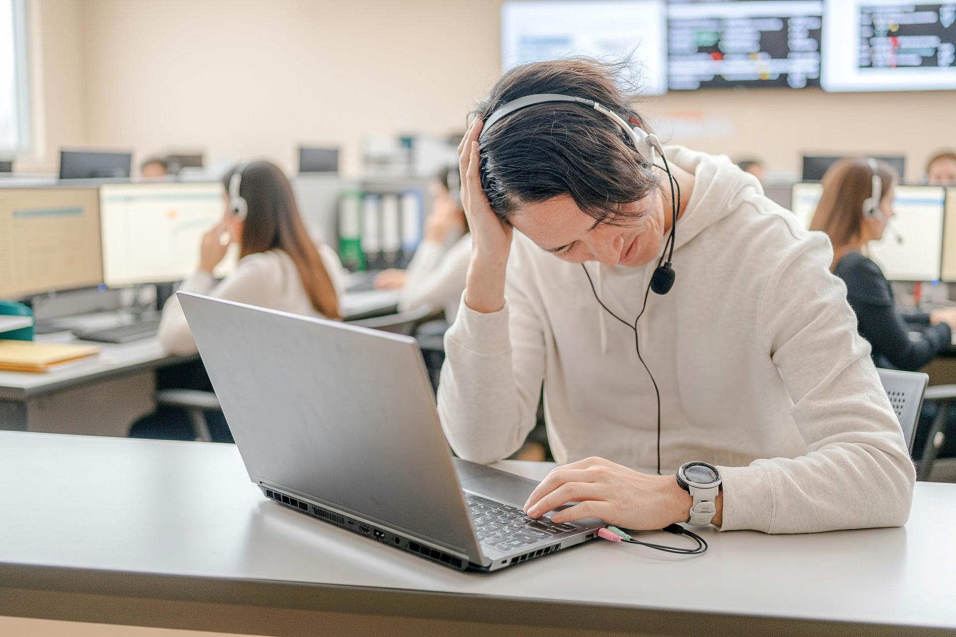 頭を抱える男性オペレーター